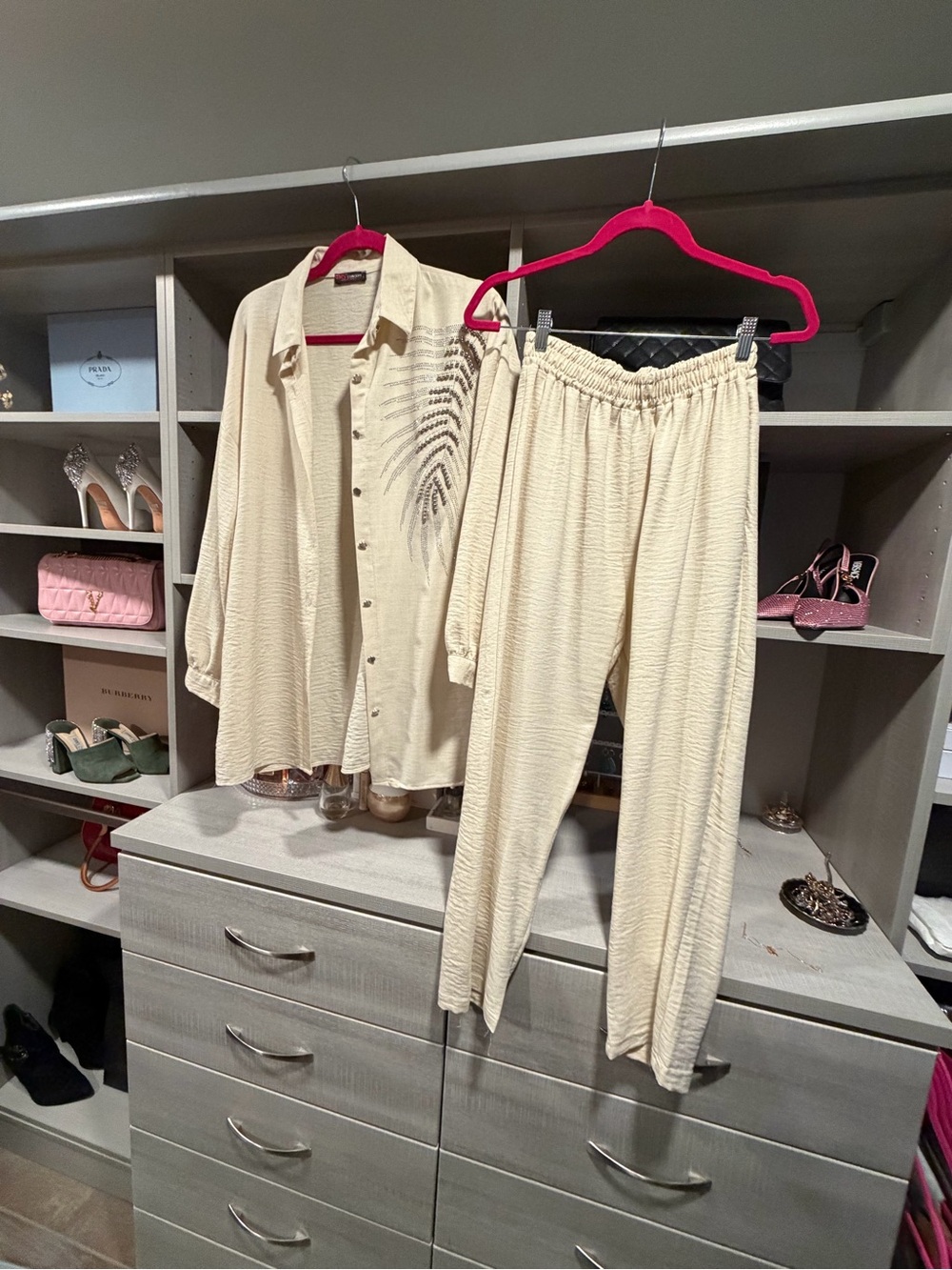 Cream Textured Womens Pants & Matching Shirt Set
